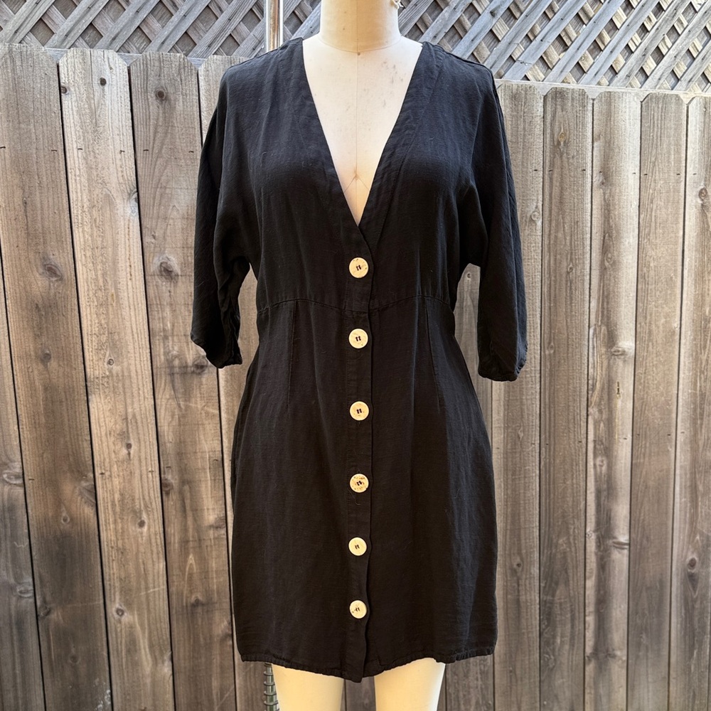 Linen Blend Black Button-Front Dress